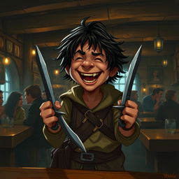 A short half-ling man with dark, scruffy hair, embodying the classic rogue archetype