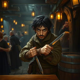 A short half-ling man with dark, scruffy hair in a rogue attire