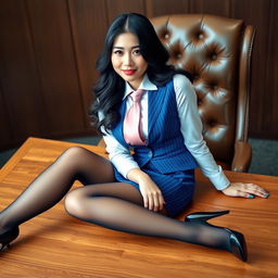 A beautiful 30-year-old Asian woman with long black wavy hair, elegantly dressed in a tight, short blue business dress