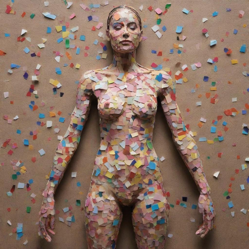 Artistic representation of a detailed human body made up from fragments of colourful magazine cutouts.