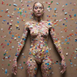 Artistic representation of a detailed human body made up from fragments of colourful magazine cutouts.