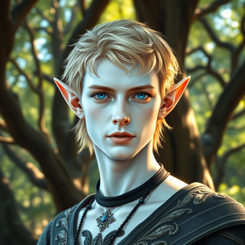 An elven male with short ears, striking blue eyes, and short blonde hair