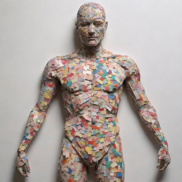 Artistic representation of a detailed human body made up from fragments of colourful magazine cutouts.