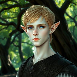 An elven male with short ears, striking blue eyes, and short blonde hair