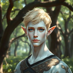 An elven male with short ears, striking blue eyes, and short blonde hair