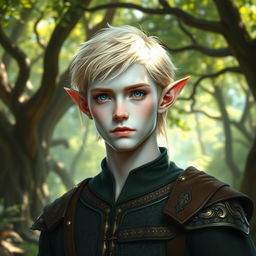 An elven male with short ears, striking blue eyes, and short blonde hair