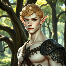 An elven male with short ears, striking blue eyes, and short blonde hair