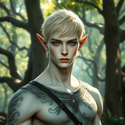 An elven male with short ears, striking blue eyes, and short blonde hair