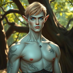 An elven male with short ears, striking blue eyes, and short blonde hair