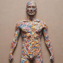 Artistic representation of a detailed human body made up from fragments of colourful magazine cutouts.