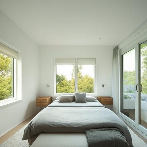 A modern, spacious bedroom design with a cozy bed, vast windows allowing natural light, minimalistic furniture, an aesthetic color scheme, and a tranquil ambience.