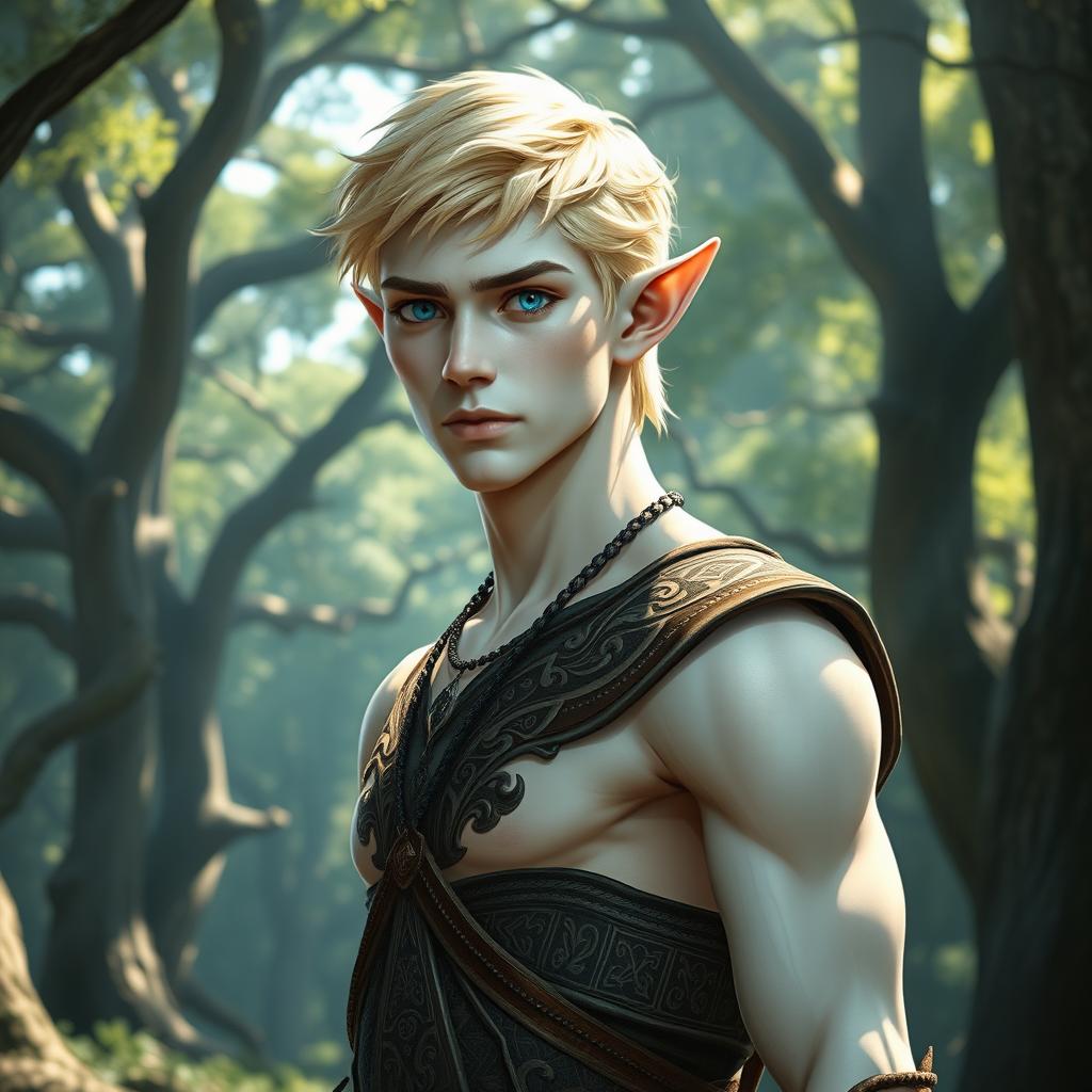 An elven male with short ears, striking blue eyes, and short blonde hair