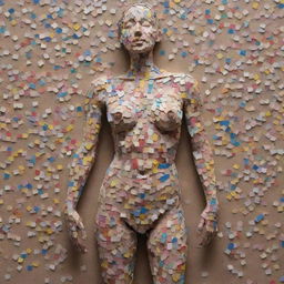 Artistic representation of a detailed human body made up from fragments of colourful magazine cutouts.