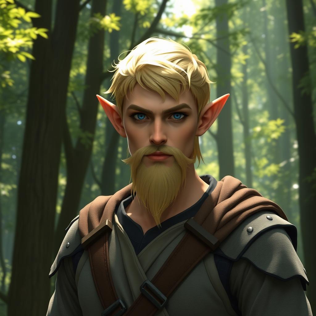 Elven male with distinctive features: short ears, striking blue eyes, and short blonde hair