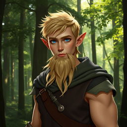 Elven male with distinctive features: short ears, striking blue eyes, and short blonde hair