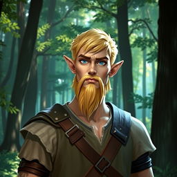 Elven male with distinctive features: short ears, striking blue eyes, and short blonde hair