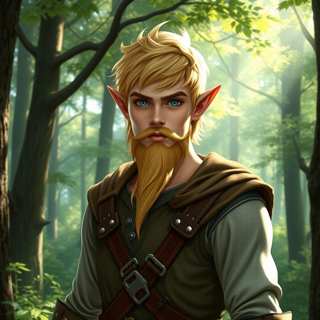 Elven male with distinctive features: short ears, striking blue eyes, and short blonde hair