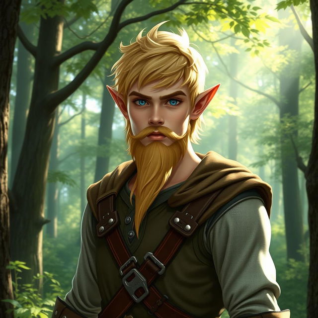 Elven male with distinctive features: short ears, striking blue eyes, and short blonde hair