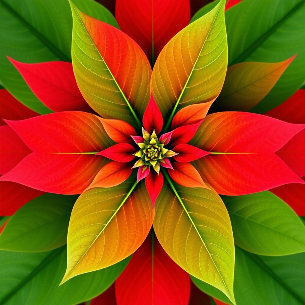 Poinsettia flower with vibrant red petals and lush green leaves, arranged in a perfectly symmetrical pattern, with no outlines