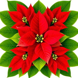 Poinsettia flower with vibrant red petals and lush green leaves, arranged in a perfectly symmetrical pattern, with no outlines