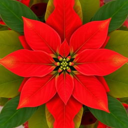 Poinsettia flower with vibrant red petals and lush green leaves, arranged in a perfectly symmetrical pattern, with no outlines