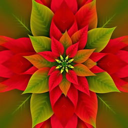 Poinsettia flower with vibrant red petals and lush green leaves, arranged in a perfectly symmetrical pattern, with no outlines