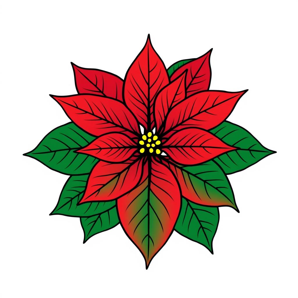 Poinsettia flower with vibrant red petals and lush green leaves, finely outlined with black contours, arranged in a perfectly symmetrical pattern