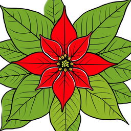 Poinsettia flower with vibrant red petals and lush green leaves, finely outlined with black contours, arranged in a perfectly symmetrical pattern