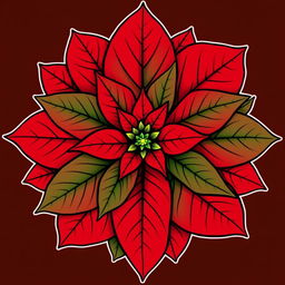 Poinsettia flower with vibrant red petals and lush green leaves, finely outlined with black contours, arranged in a perfectly symmetrical pattern