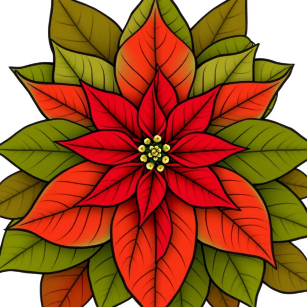 Poinsettia flower with vibrant red petals and lush green leaves, finely outlined with black contours, arranged in a perfectly symmetrical pattern