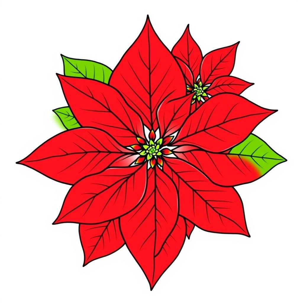 Poinsettia flower with vibrant red petals and lush green leaves, finely outlined with black contours, arranged in a perfectly symmetrical pattern against a white background