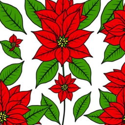 Poinsettia flower with vibrant red petals and lush green leaves, finely outlined with black contours, arranged in a perfectly symmetrical pattern against a white background