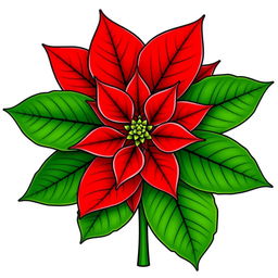 Poinsettia flower with vibrant red petals and lush green leaves, finely outlined with black contours, arranged in a perfectly symmetrical pattern against a white background