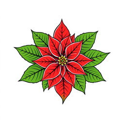 Poinsettia flower with vibrant red petals and lush green leaves, finely outlined with black contours, arranged in a perfectly symmetrical pattern against a white background