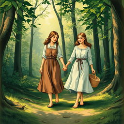 A vintage book illustration depicting two 20-year-old girls walking hand in hand through a forest