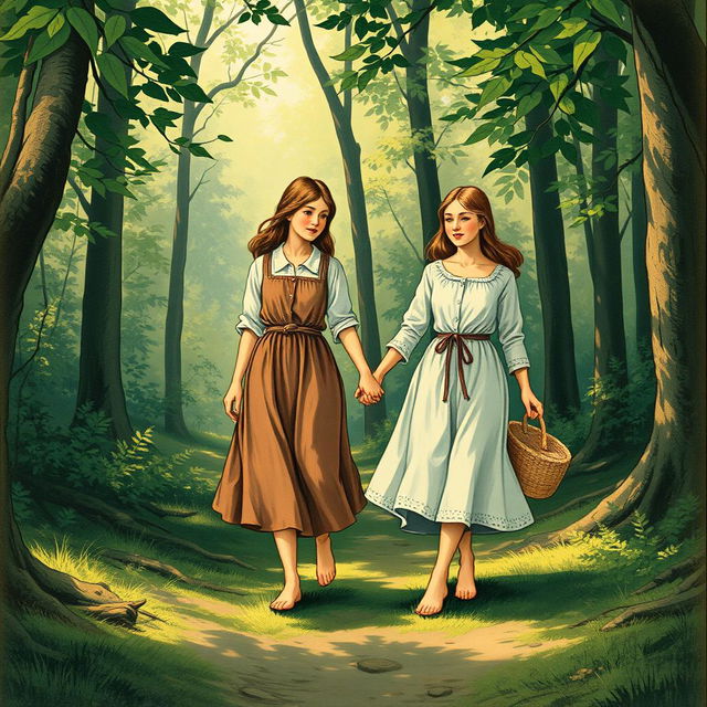 A vintage book illustration depicting two 20-year-old girls walking hand in hand through a forest