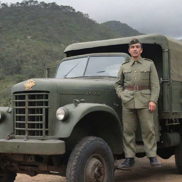 Simon Bolívar, in his military uniform, standing proudly on a classic Mack truck. The surroundings reflect the historical era of Bolívar but with the contrasting modern truck.