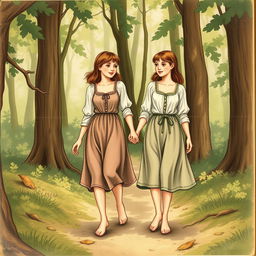 A vintage book illustration depicting two 20-year-old girls walking hand in hand through a forest