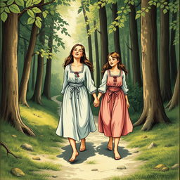 A vintage book illustration depicting two 20-year-old girls walking hand in hand through a forest