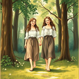 A vintage book illustration depicting two 20-year-old girls walking hand in hand through a forest