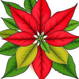 Illustration of a Poinsettia flower featuring vibrant red petals and lush green leaves, finely outlined with black contours, arranged in a perfectly symmetrical pattern against a white background