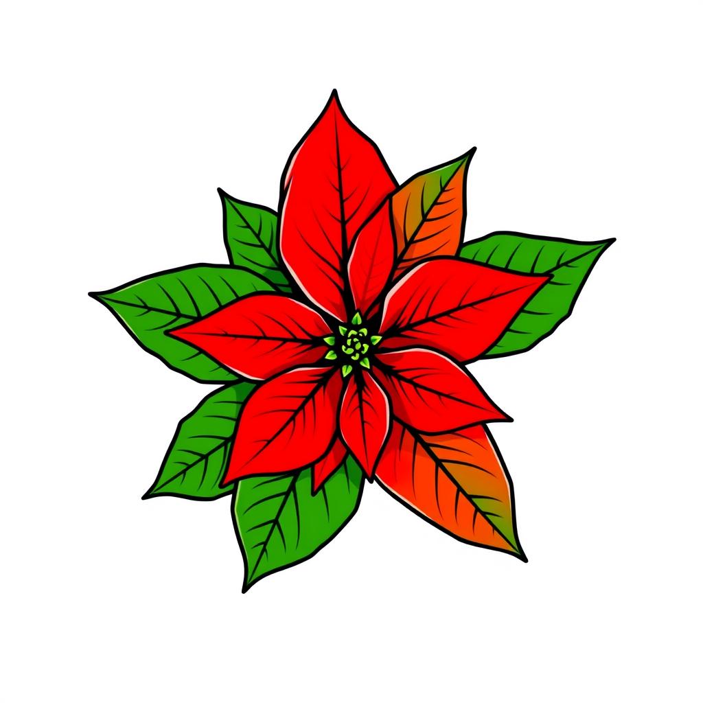 Illustration of a Poinsettia flower featuring vibrant red petals and lush green leaves, finely outlined with black contours, arranged in a perfectly symmetrical pattern against a white background