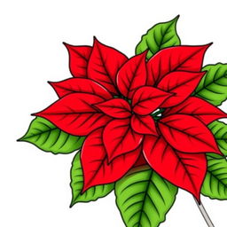 Illustration of a Poinsettia flower featuring vibrant red petals and lush green leaves, finely outlined with black contours, arranged in a perfectly symmetrical pattern against a white background