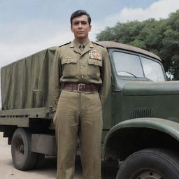 Simon Bolívar, in his military uniform, standing proudly on a classic Mack truck. The surroundings reflect the historical era of Bolívar but with the contrasting modern truck.