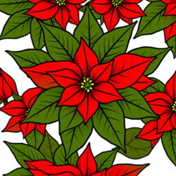 Illustration of a Poinsettia flower featuring vibrant red petals and lush green leaves, finely outlined with black contours, arranged in a perfectly symmetrical pattern against a white background