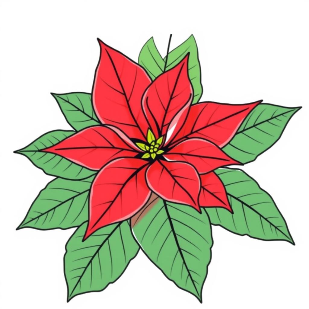 Illustration of a Poinsettia flower featuring vibrant red petals and lush green leaves, finely outlined with black contours, set against a white background