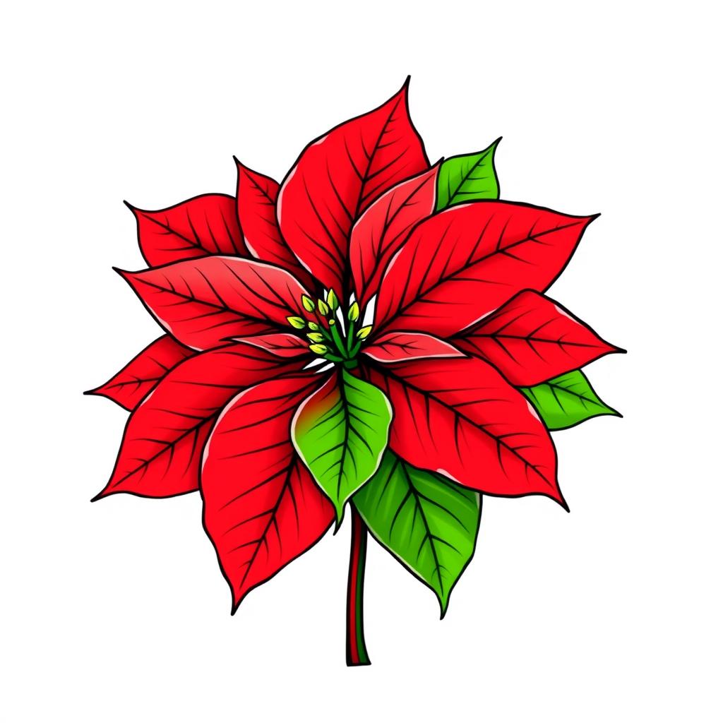 Illustration of a Poinsettia flower featuring vibrant red petals and lush green leaves, finely outlined with black contours, set against a white background