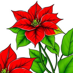 Illustration of a Poinsettia flower featuring vibrant red petals and lush green leaves, finely outlined with black contours, set against a white background