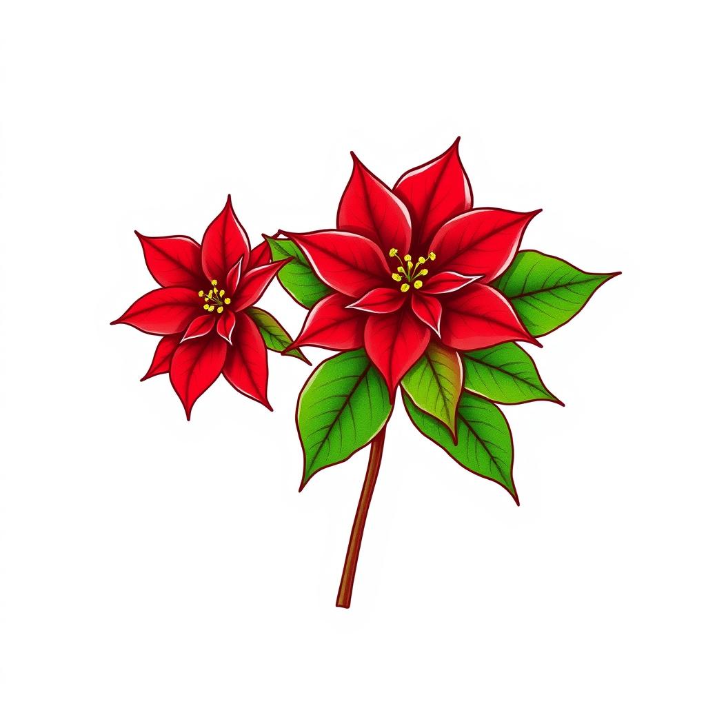 Illustration of a Poinsettia flower featuring vibrant red petals and lush green leaves, finely outlined with burgundy contours, set against a white background