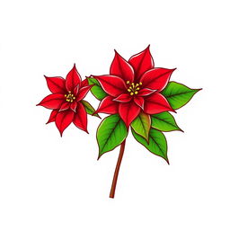 Illustration of a Poinsettia flower featuring vibrant red petals and lush green leaves, finely outlined with burgundy contours, set against a white background